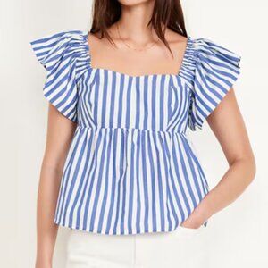 Old Navy Flutter Sleeve crop top blouse white-blue stripe size XXL Tall, NWT